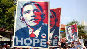 Supporters held Obama's Hope poster during a political march.